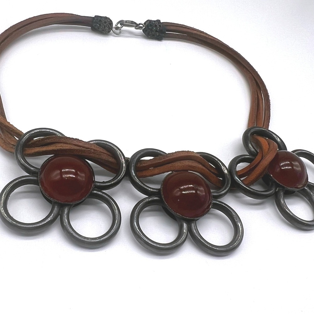 W Germany Vintage Modernist Necklace Leather Metal Reddish-Brown Cabochon Floral